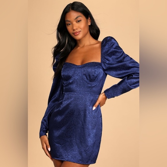 Lulus | Burst Into Bloom Navy Blue Satin Floral Jacquard Mini Dress Medium - Picture 5 of 6
